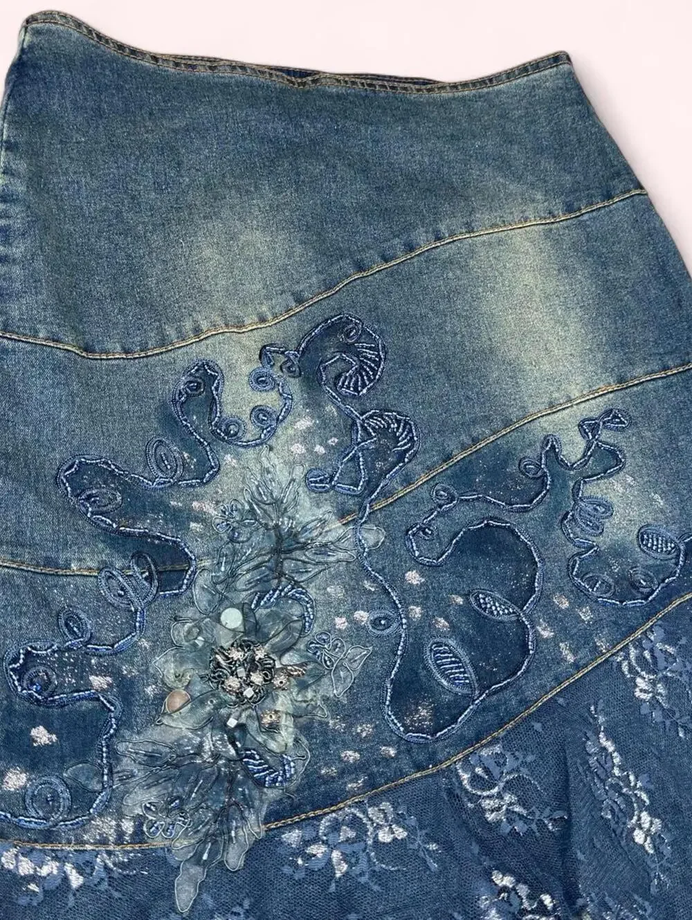Deadstock Y2K beaded denim midi skirt with lace ruffle and floral embroidery - Picture 2 of 6